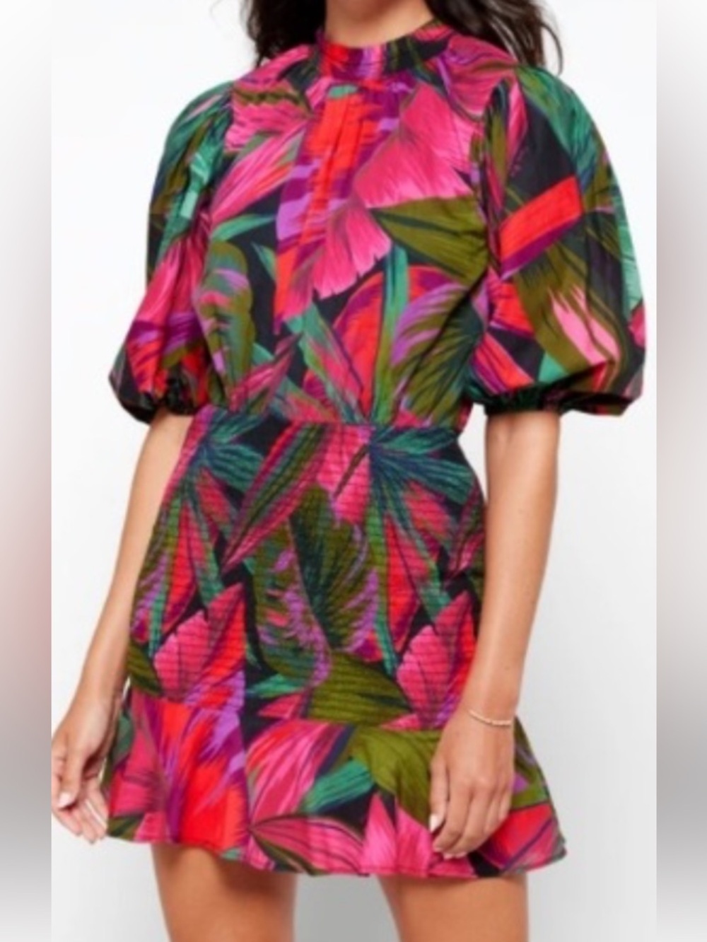 Farm Rio Anthropologie Midnight Leaves Mini Dress XS Smocked High Neck Vibrant